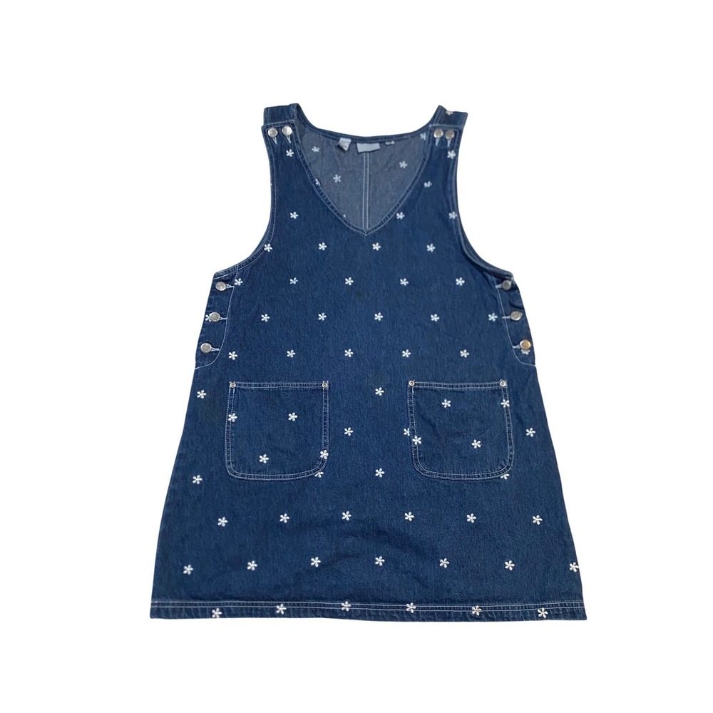 Vintage North West Blue Denim Daisy Floral Jumper Dress Large Dark Wash 90s
